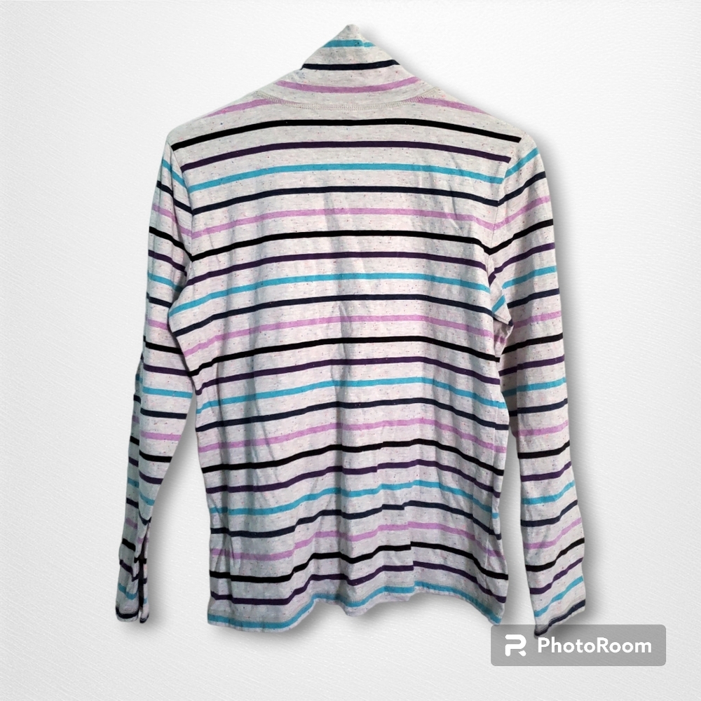T by Talbots striped mock neck long sleeve tee with snaps, size M - Picture 2 of 10